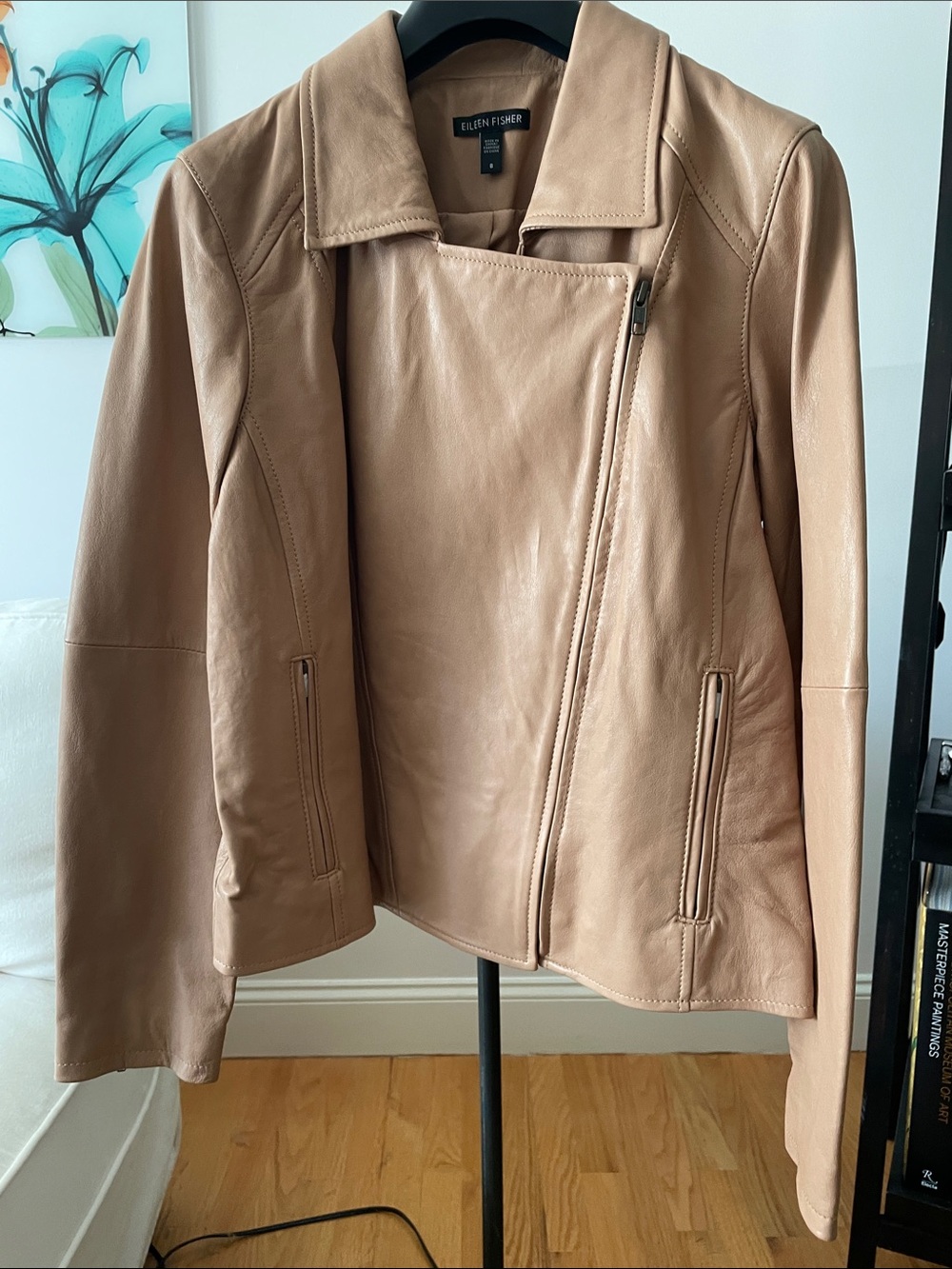Eileen Fisher Light Tan Leather Asymmetrical Zip Jacket